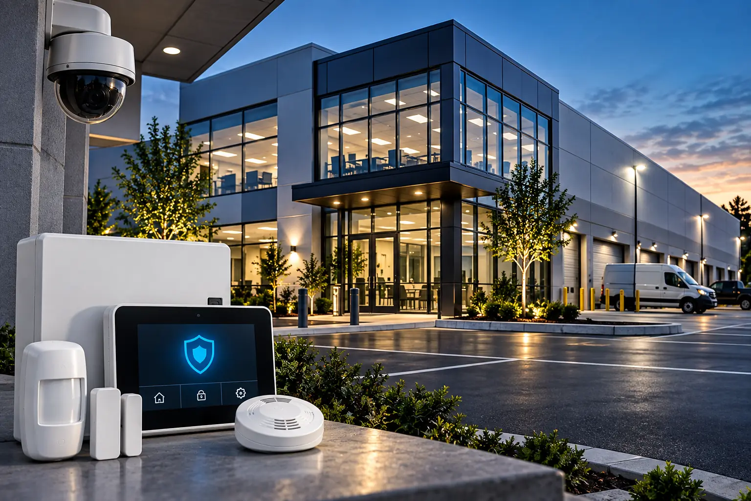 Modern commercial facility protected by cameras and connected alarm equipment
