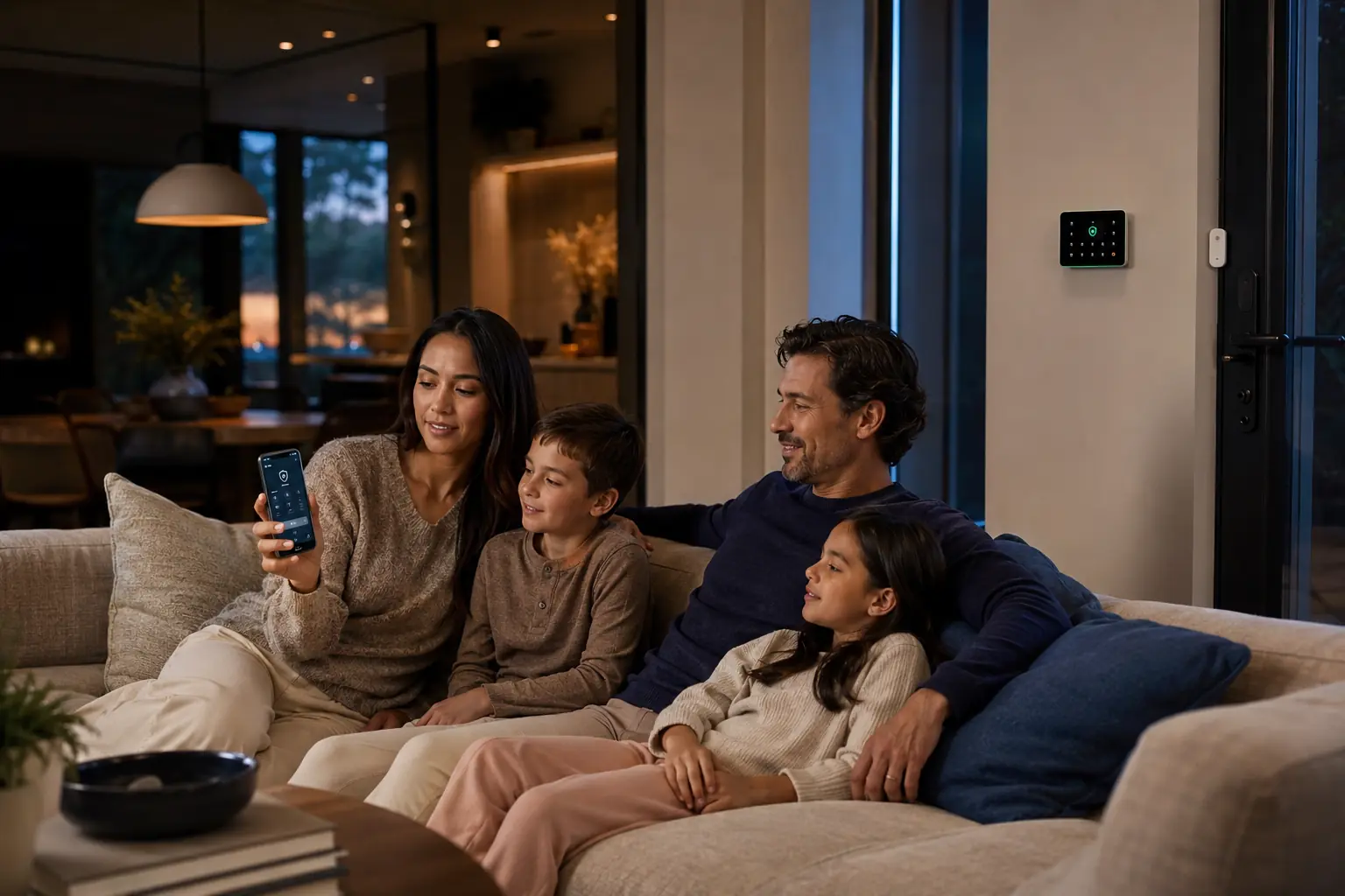 Family using a smart security app in their protected home