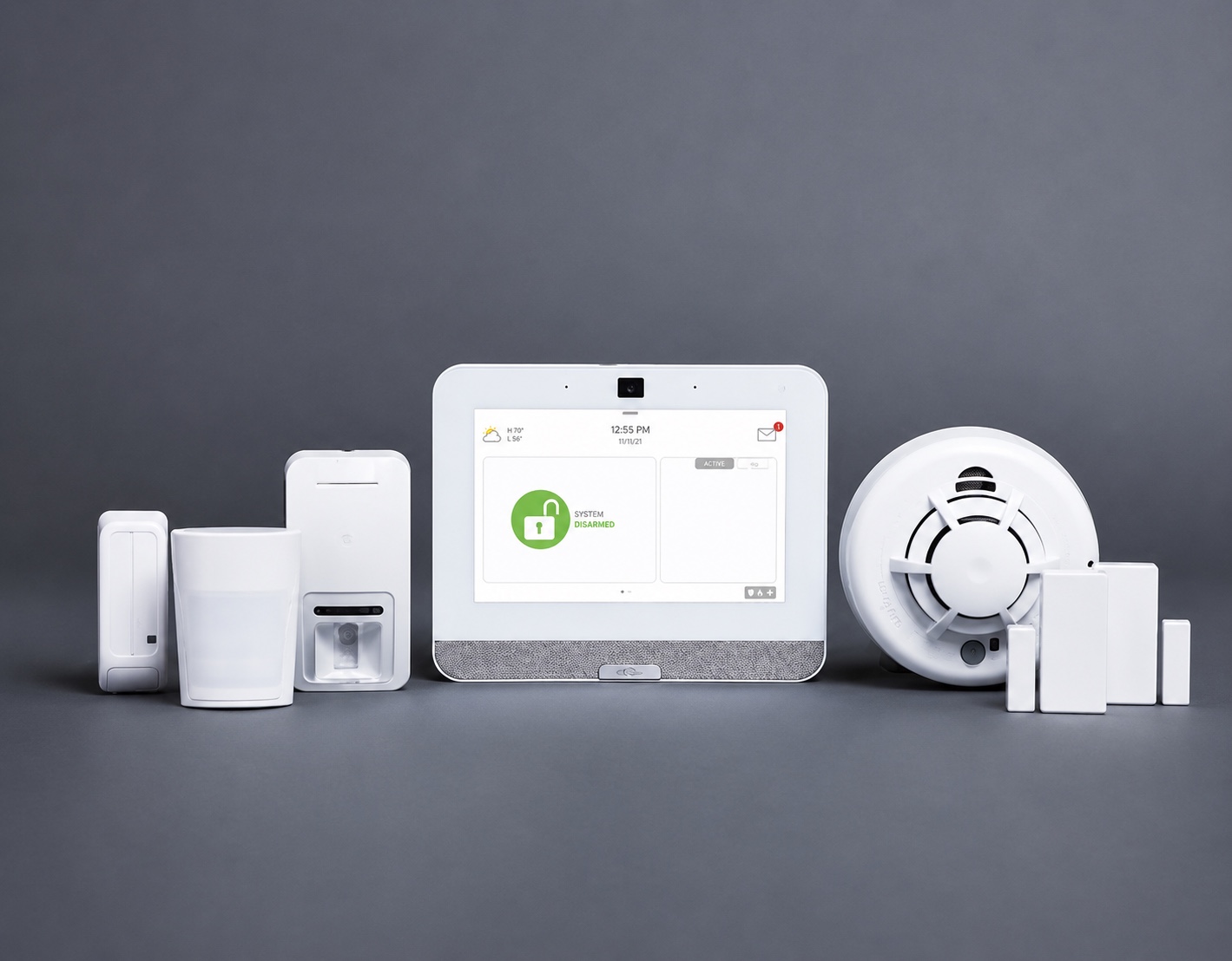 Touchscreen panel, motion sensor, smoke detector and entry sensors