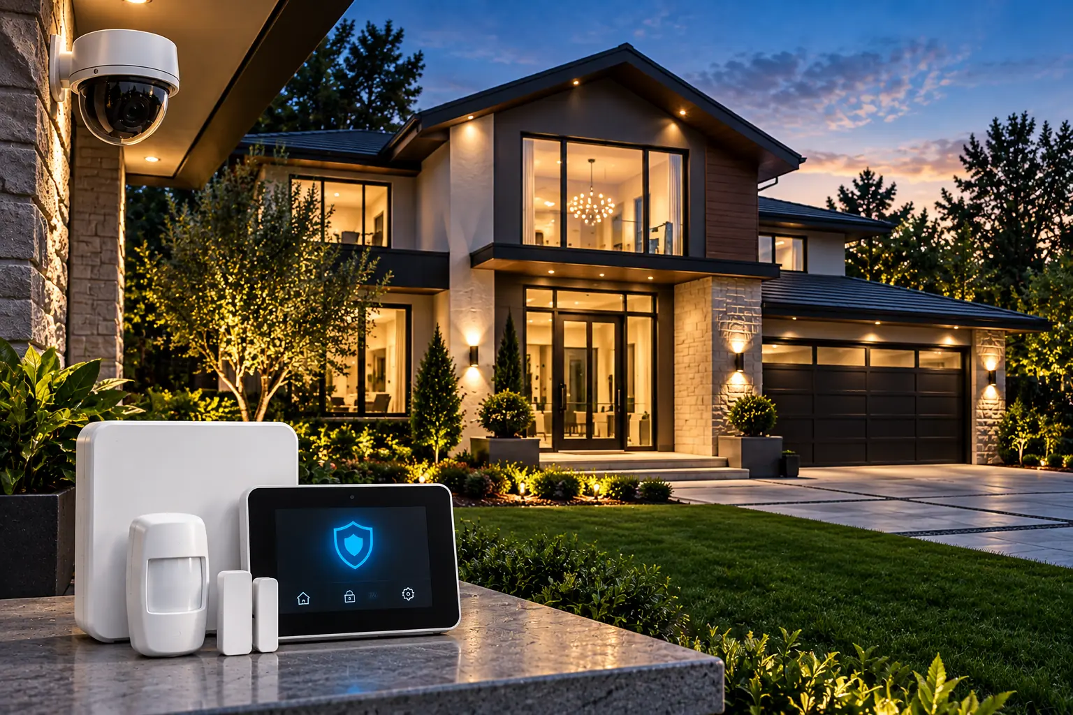 Modern residence protected by a camera and connected alarm equipment