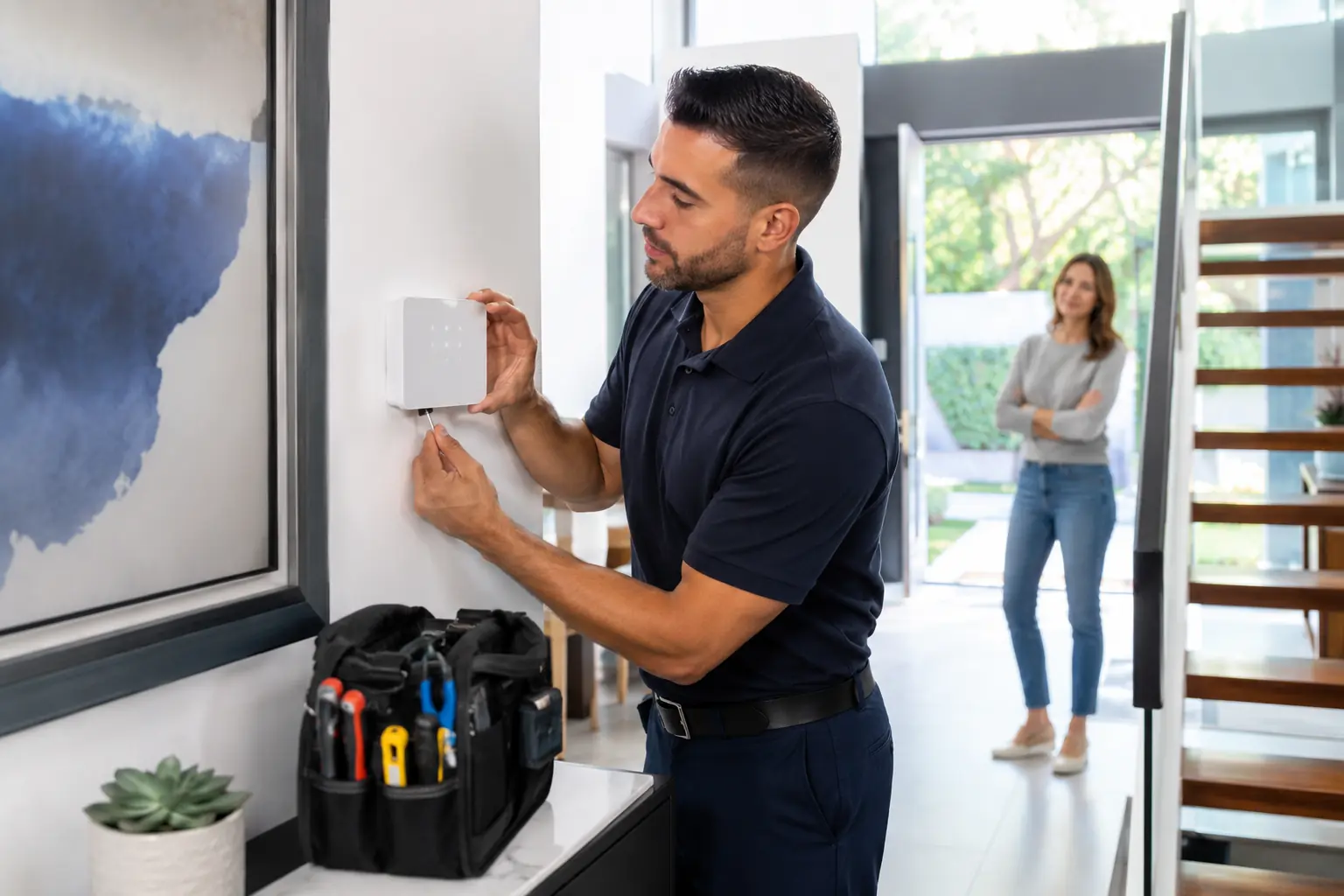 Security technician installing equipment in a home